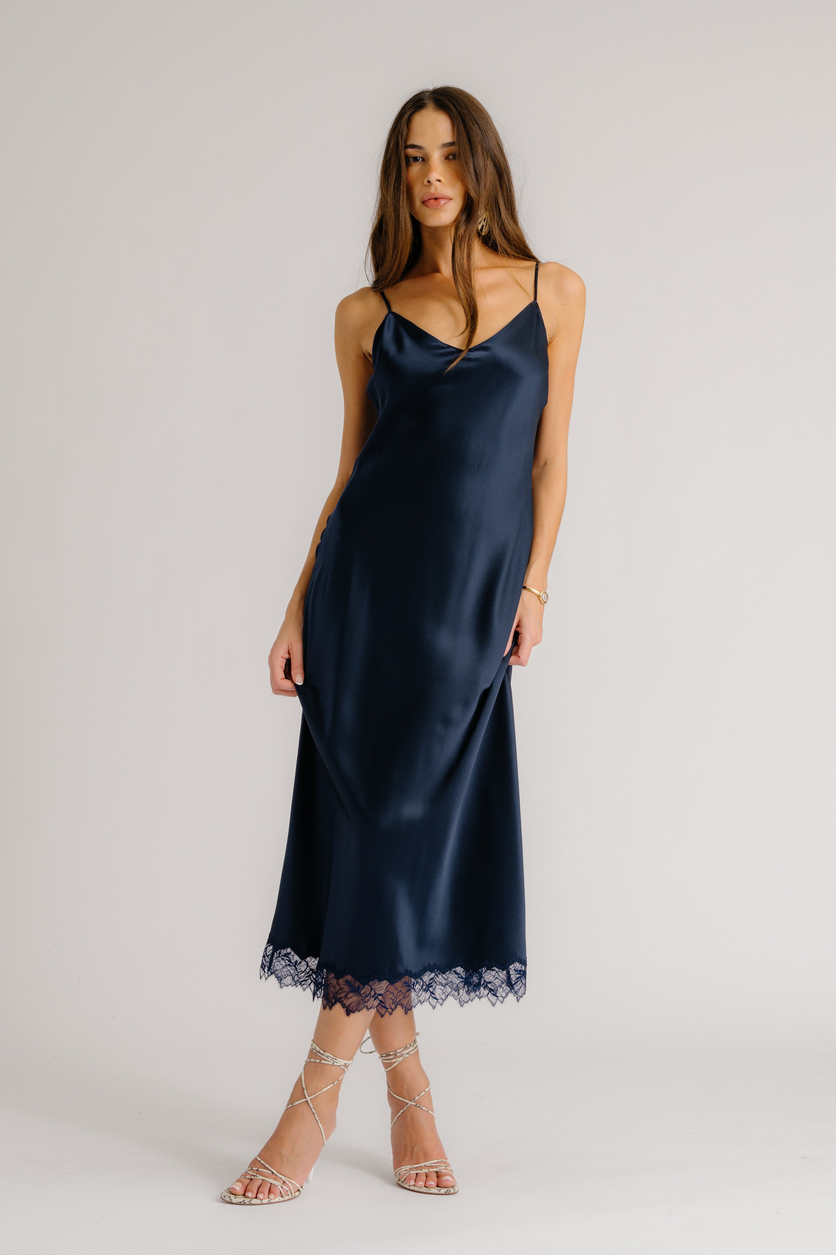 TAYLOR V-NECK BIAS CUT SILK DRESS W/ LACE | MIDNIGHT NAVY SABLYN TAYLOR V-NECK BIAS CUT SILK DRESS W/ LACE | MIDNIGHT NAVY SABLYN