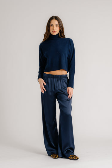 BRYNN HIGH RISE PULL ON WIDE LEG SILK PANT | MIDNIGHT NAVY