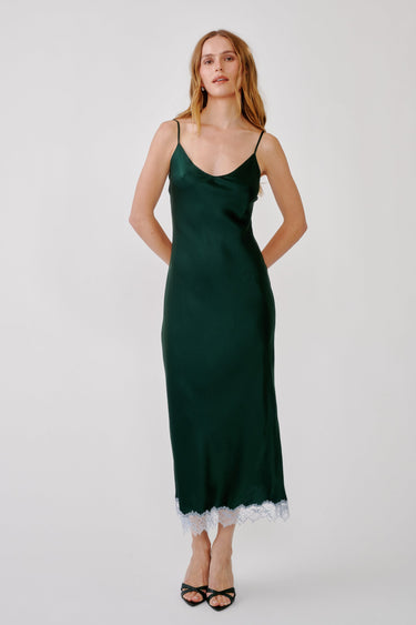 TAYLOR C V-NK BIAS CUT DRESS W/ LACE | HUNTER GREEN MULTI