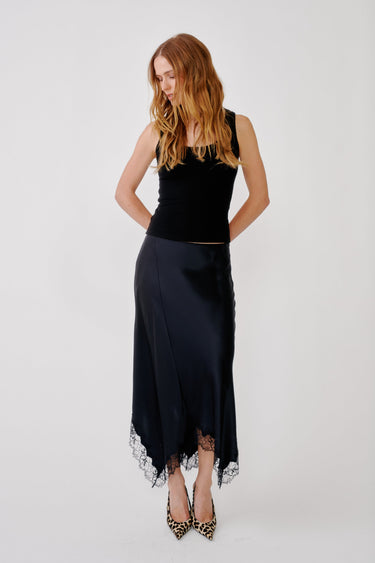 KERI PANELED BIAS SILK SKIRT W/ LACE | BLACK