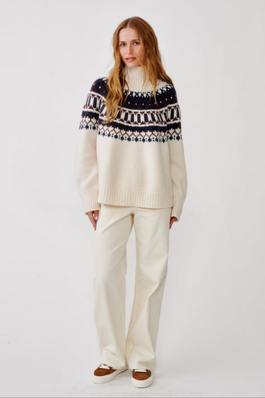SCOTTIE SLOUCHY FAIR ISLE CASHMERE MOCK NECK in gardenia fairisle