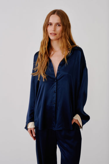 BENTON COLORBLOCK SLOUCHY LS SILK BUTTON DOWN | MIDNIGHT NAVY MULTI