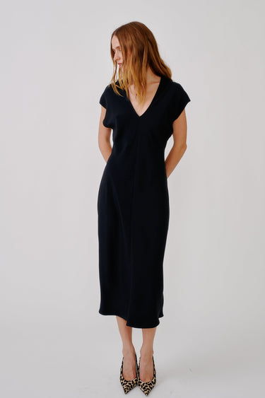 INEZ DRAPED V-NECK SILK DRESS | BLACK