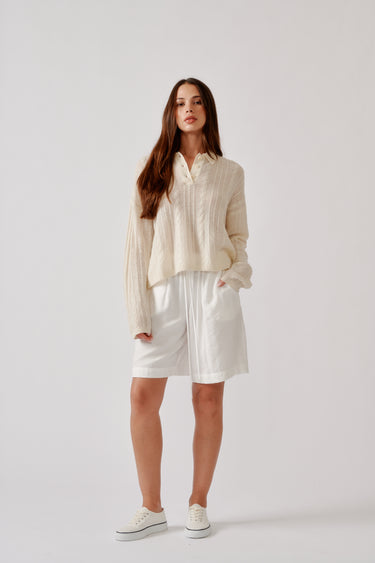 ELSIE RELAXED LS CASHMERE POLO SWEATER | GARDENIA
