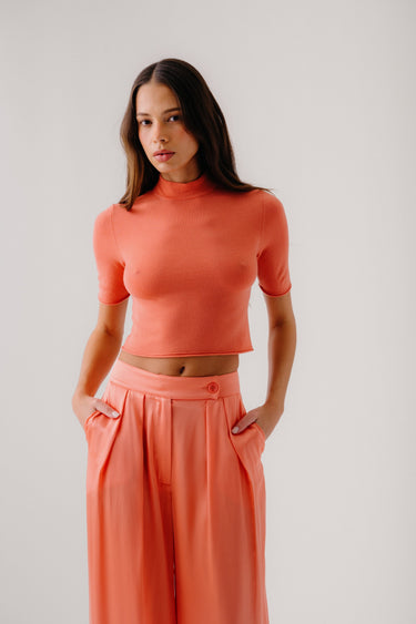 EMBER CASHMERE CROPPED SHORT SLEEVE MOCK NECK | MELON