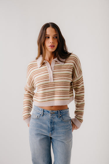 MADDIE LONG SLEEVE CASHMERE CROPPED STRIPE POLO | BUTTERCUP