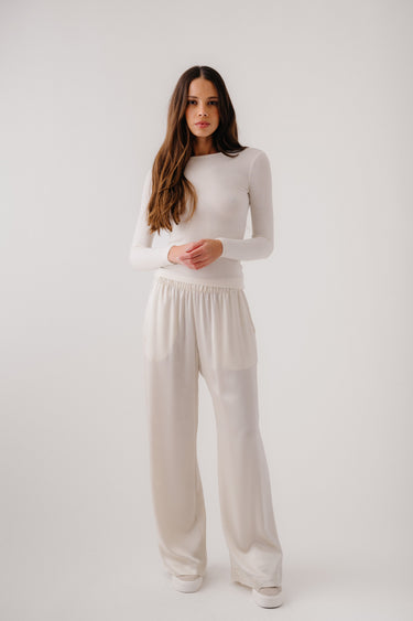 BRYNN HIGH RISE PULL ON WIDE LEG SILK PANT | GARDENIA