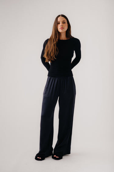 BRYNN HIGH RISE PULL ON WIDE LEG SILK PANT | BLACK