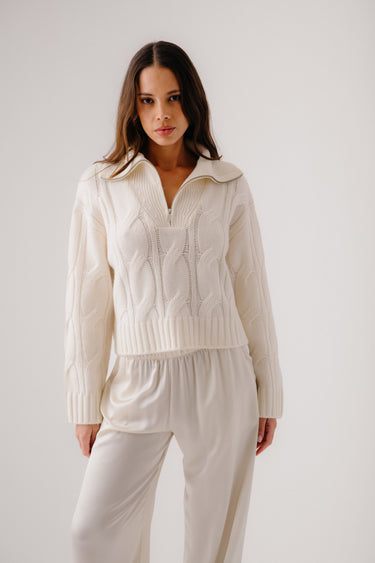 ESME HALF ZIP CABLE KNIT CASHMERE SWEATER | GARDENIA