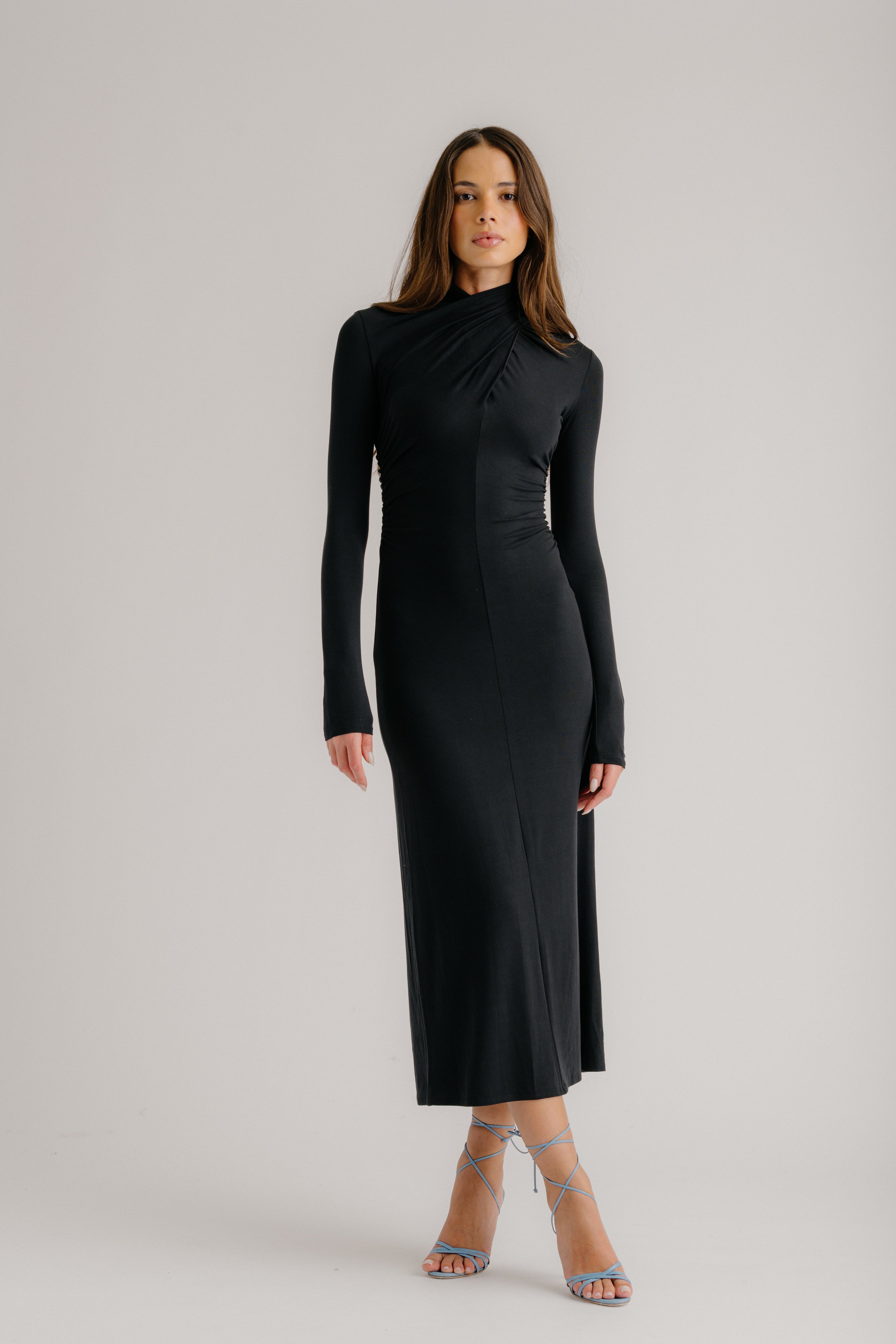 high neck midi bodycon dress Ribbed Mock Neck Long Sleeve Bodycon Midi Dress