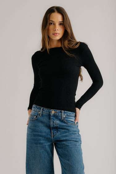 QUINCY L/S FITTED CREWNECK RIB TOP | BLACK