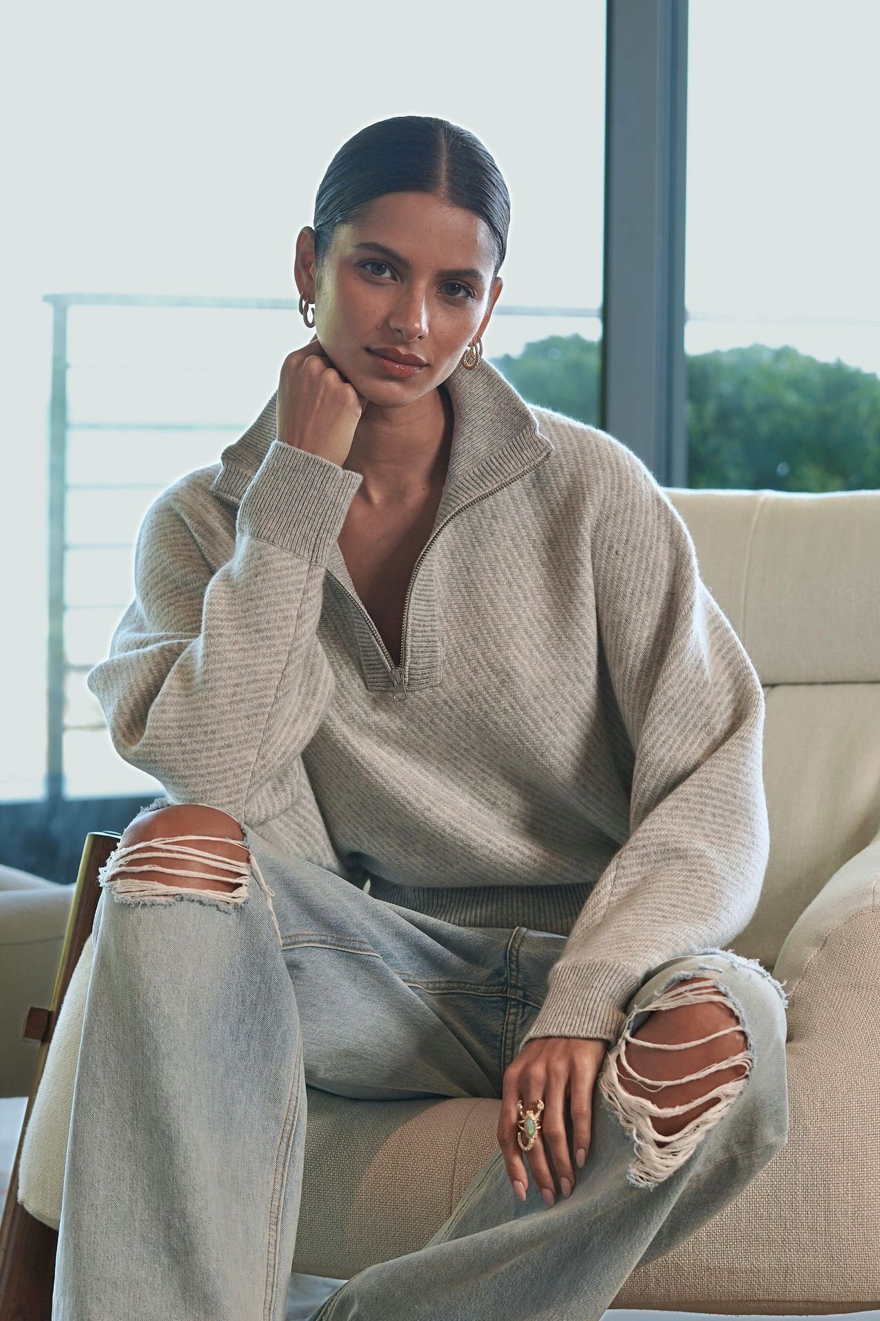 AMBER MOCK NECK HALF ZIP CASHMERE DOLMAN | FOGGY/GARDENIA – SABLYN