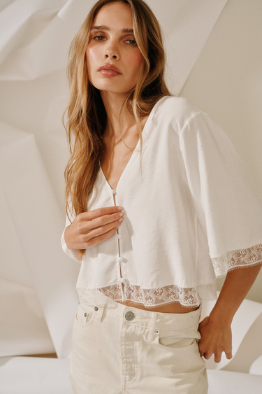 SIMONE SHORT SLEEVE BUTTON DOWN WITH LACE | WHITE