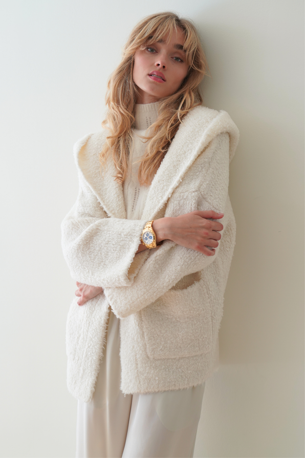 DUNE SHERPA HOODED CARDIGAN | GARDENIA SHIPS 10/30