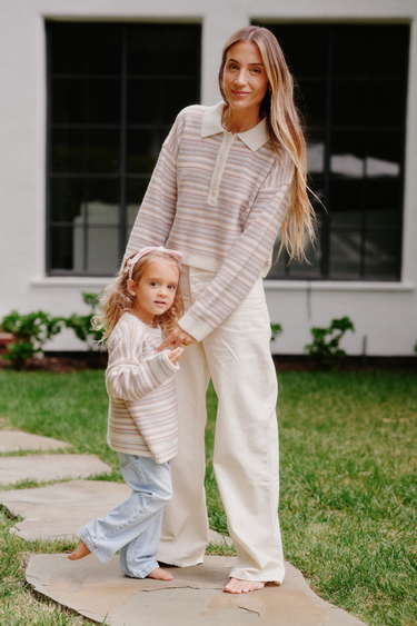 MADDIE CROPPED CASHMERE STRIPE POLO | WHISPER
