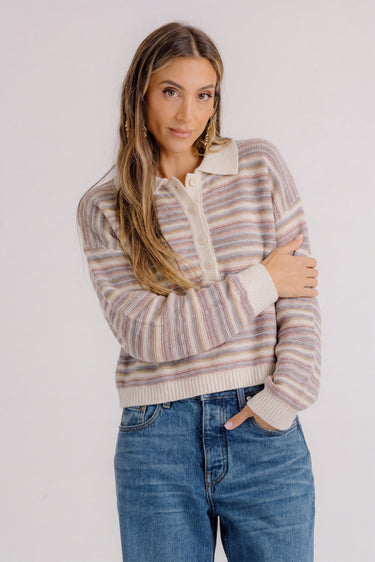 MADDIE CROPPED CASHMERE STRIPE POLO | WHISPER