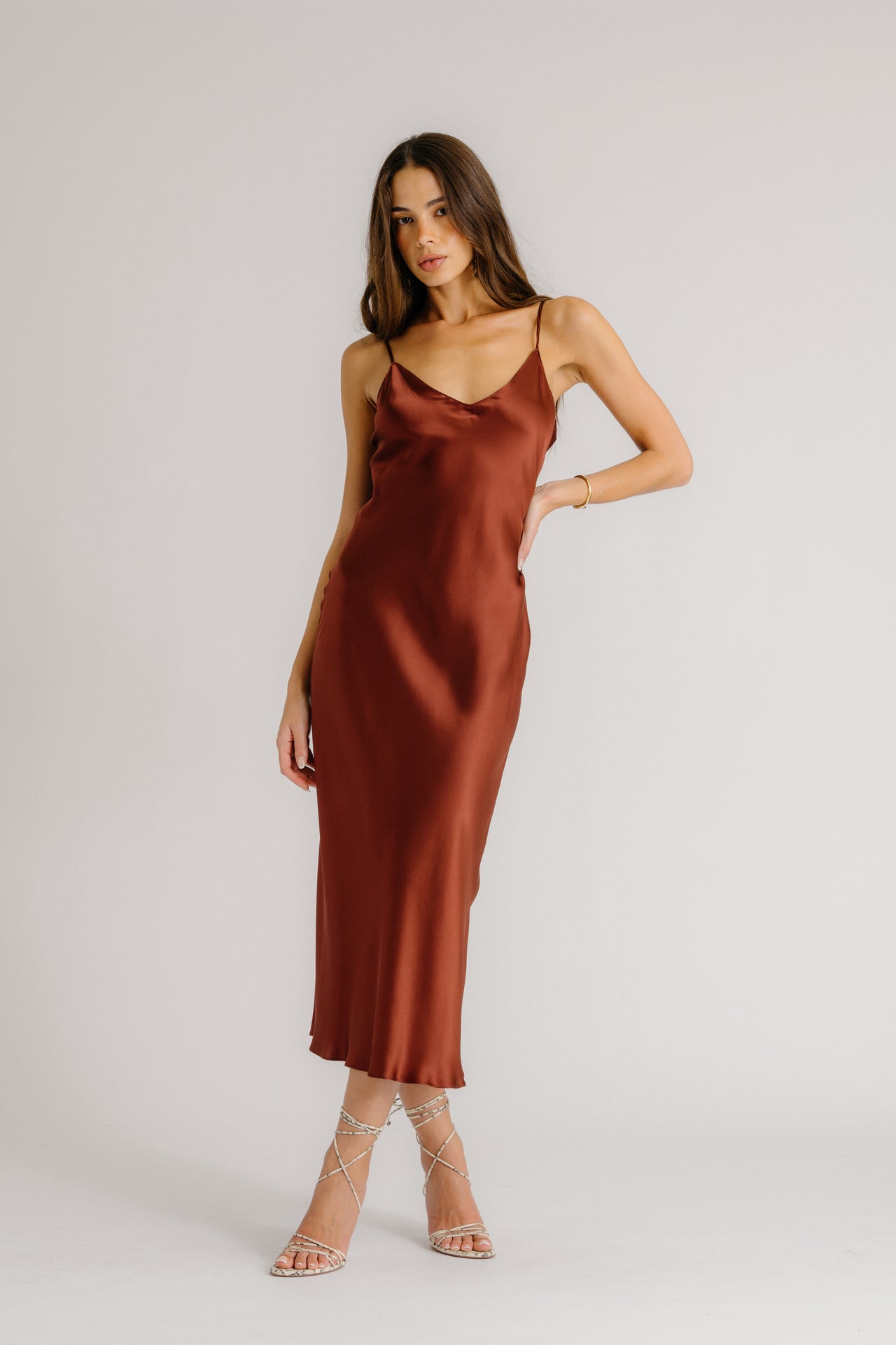 brown and red dress TAYLOR V-NECK BIAS CUT SILK DRESS