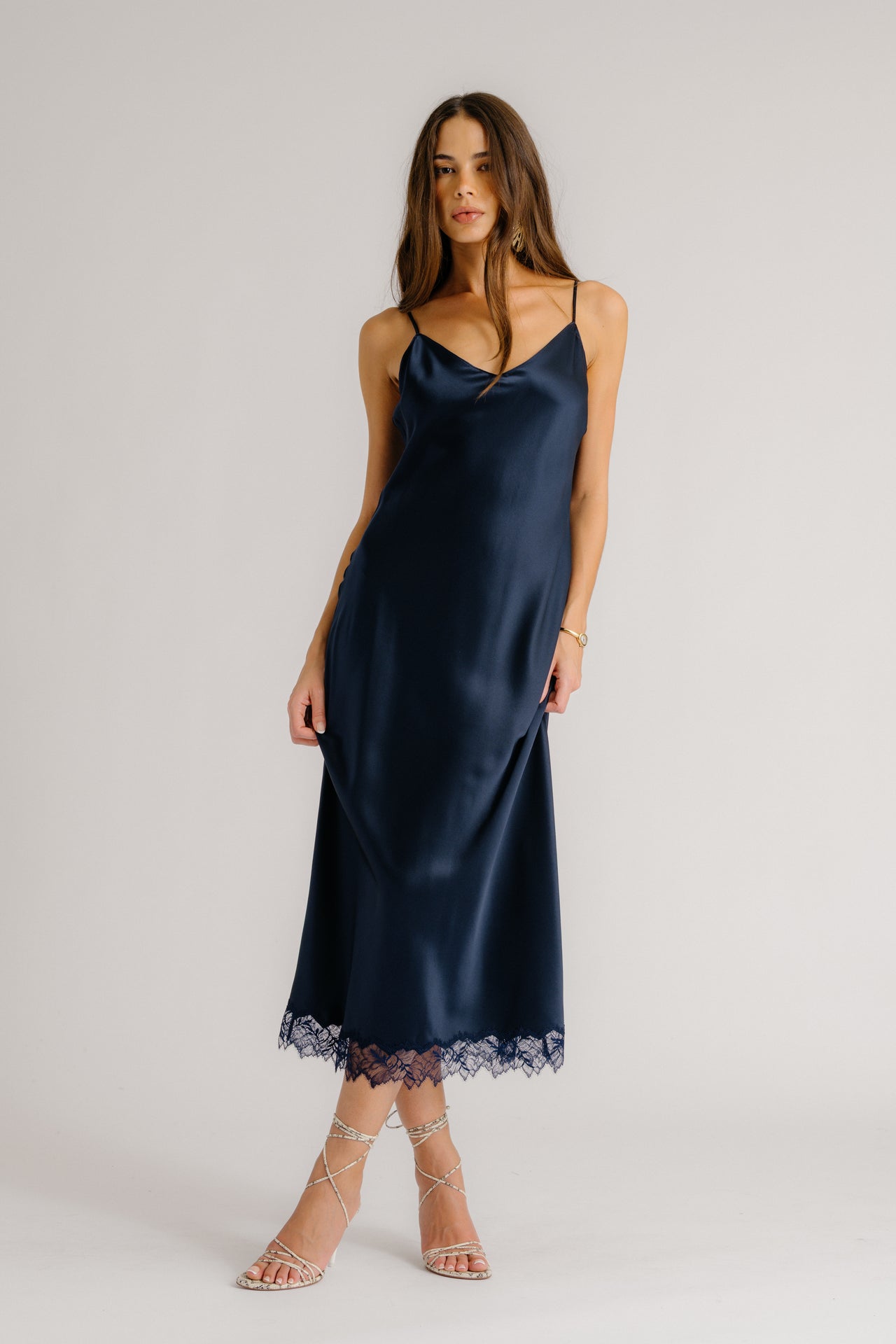 TAYLOR V-NECK BIAS CUT SILK DRESS W/ LACE | MIDNIGHT NAVY SABLYN TAYLOR V-NECK BIAS CUT SILK DRESS W/ LACE | MIDNIGHT NAVY SABLYN