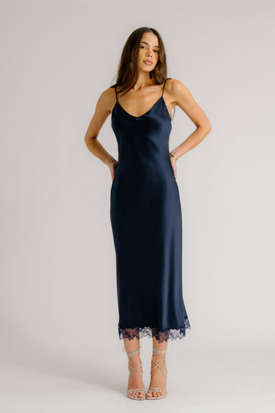 TAYLOR V-NECK BIAS CUT SILK DRESS W/ LACE