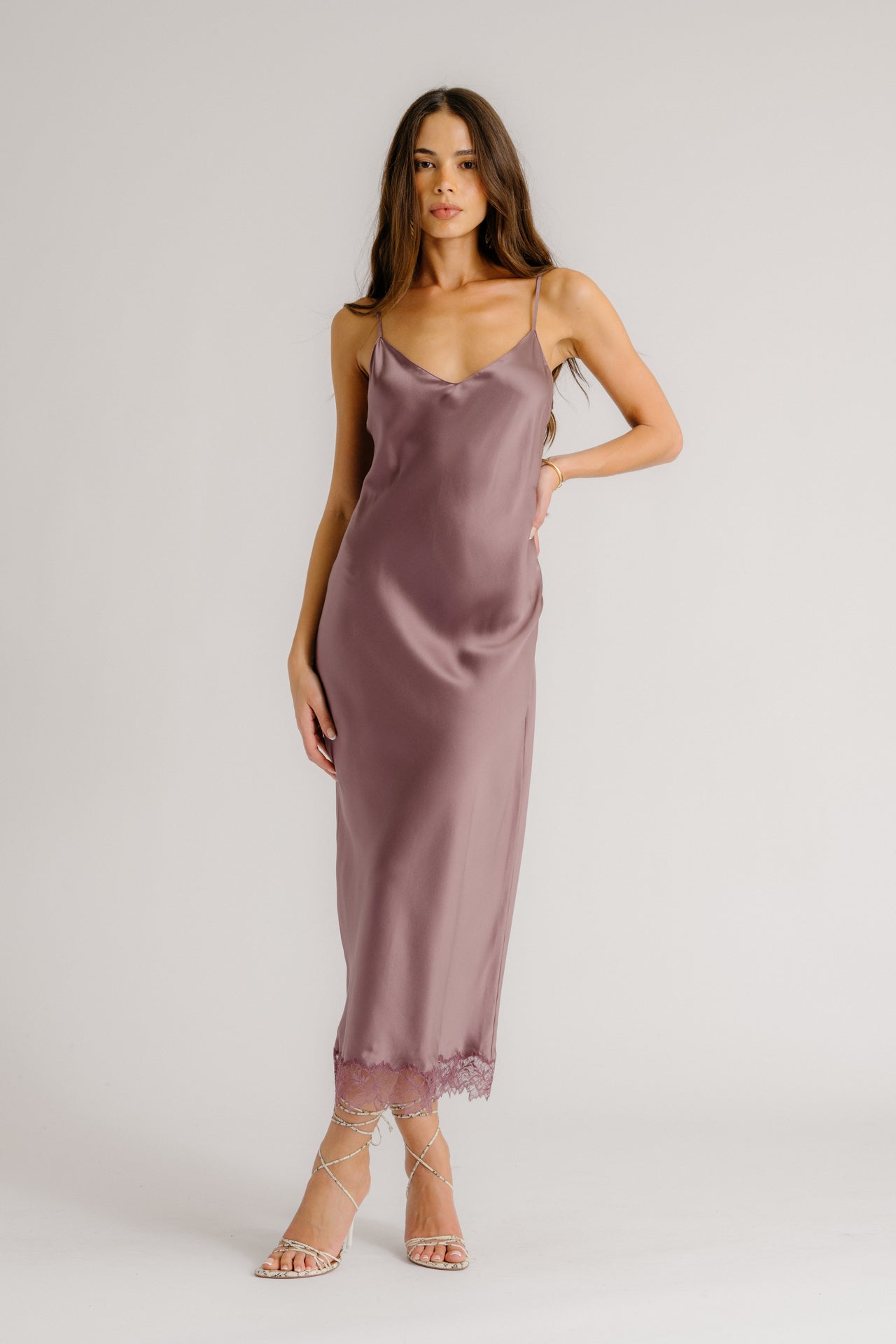 TAYLOR V-NECK BIAS CUT SILK DRESS W/ LACE | DUSTY VIOLET SABLYN TAYLOR V-NECK BIAS CUT SILK DRESS W/ LACE | DUSTY VIOLET SABLYN