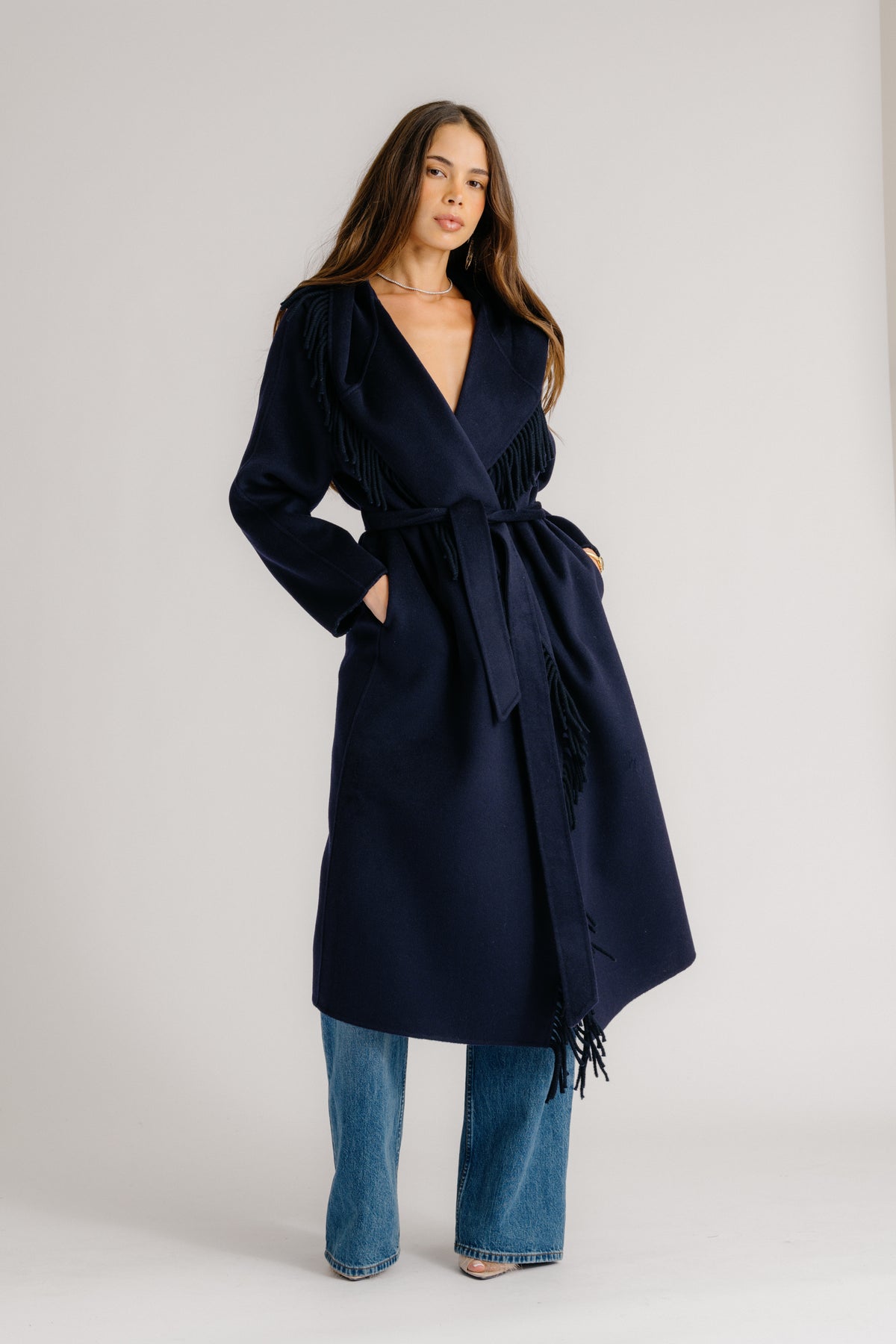 CHARLI HOODED COAT W/ FRINGE | MIDNIGHT NAVY – SABLYN