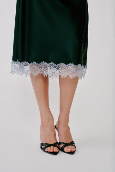 TAYLOR C V-NK BIAS CUT DRESS W/ LACE | HUNTER GREEN MULTI