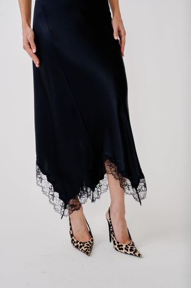 KERI PANELED BIAS SILK SKIRT W/ LACE | BLACK