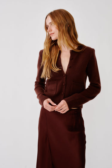 EMILIA SHOULDER PAD CASHMERE CARDIGAN | CINNABAR