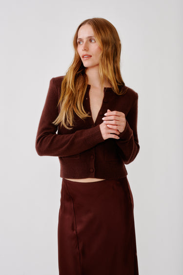 EMILIA SHOULDER PAD CASHMERE CARDIGAN | CINNABAR
