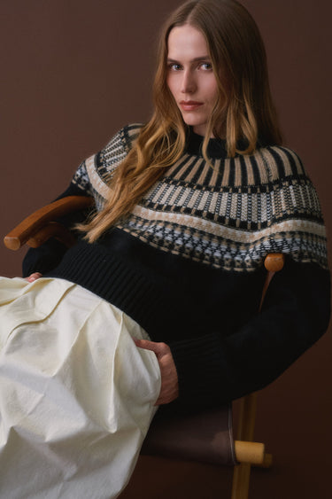 FINLEY SLOUCHY FAIR ISLE CASHMERE CREWNECK | BLACK FAIRISLE