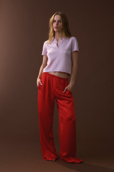 LEXI LOWER RISE RELAXED PULL ON SILK PANT | SCARLET