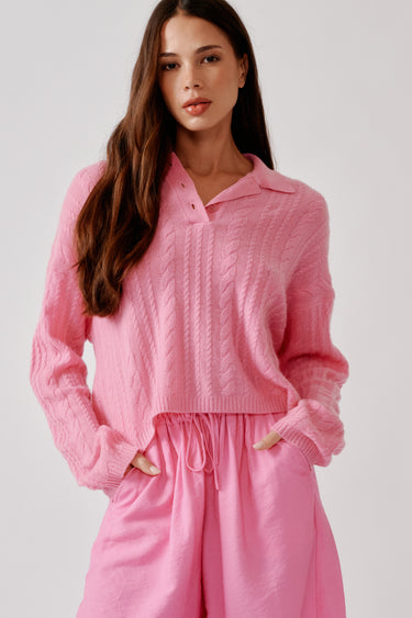 ELSIE RELAXED LS CASHMERE POLO SWEATER | DAHLIA PINK
