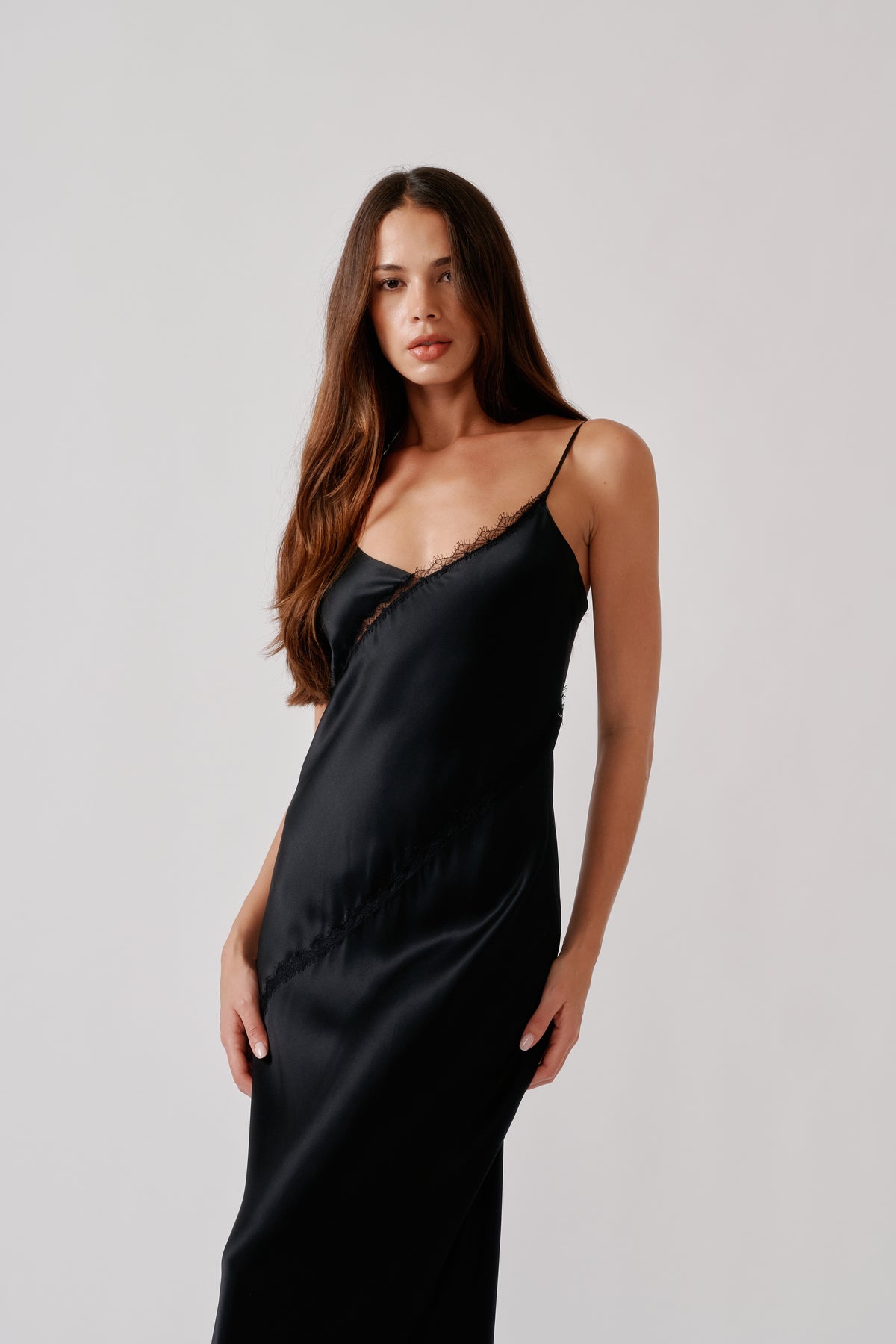 black silk dress with lace CECE INSET CAMI color:Petal batch9 IROINNID Christmas Dresses for an open back and