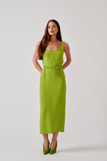 PAZ SCOOP NECK COLUMN SILK DRESS W/ RUCHED BELT | CHARTREUSE