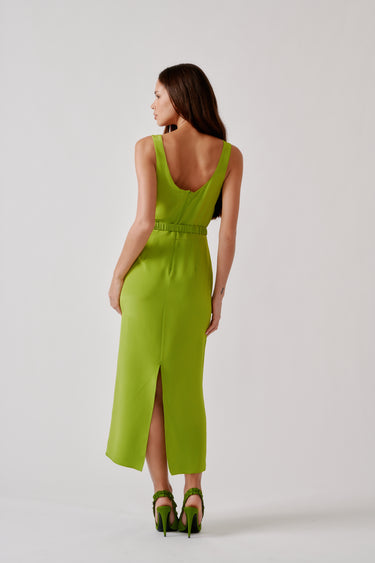 PAZ SCOOP NECK COLUMN SILK DRESS W/ RUCHED BELT | CHARTREUSE