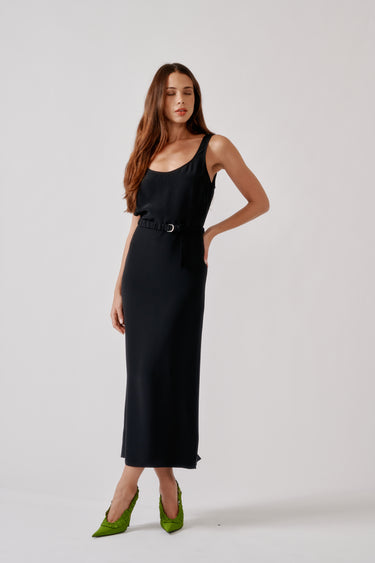 PAZ SCOOP NECK COLUMN SILK DRESS W/ RUCHED BELT | BLACK