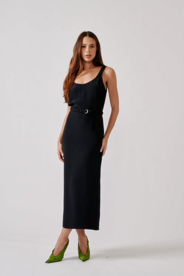 PAZ SCOOP NECK COLUMN SILK DRESS W/ RUCHED BELT | BLACK