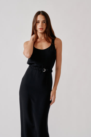 PAZ SCOOP NECK COLUMN SILK DRESS W/ RUCHED BELT | BLACK