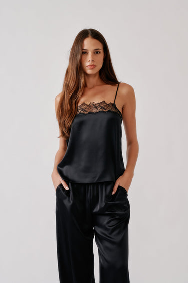 HAYA LACE TRIM SQUARE NECK SILK CAMI | BLACK