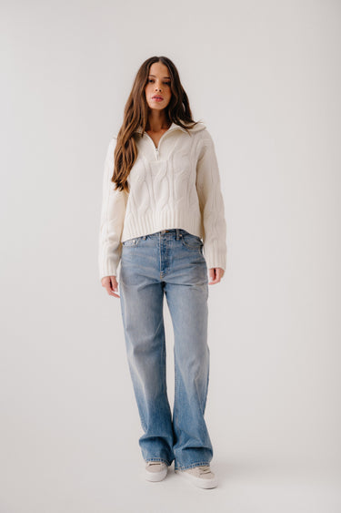 ESME HALF ZIP CABLE KNIT CASHMERE SWEATER  | GARDENIA
