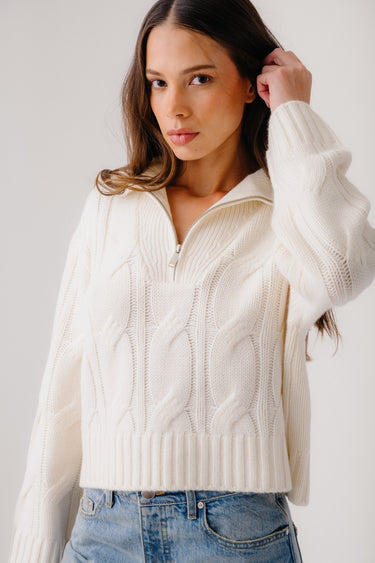 ESME HALF ZIP CABLE KNIT CASHMERE SWEATER  | GARDENIA