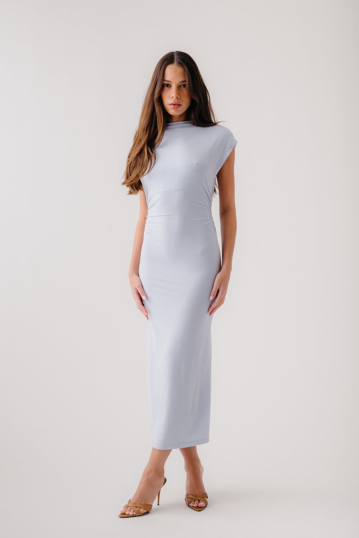 mock neck midi dress MESA SLOUCHY Color:Brown Combo RS-week4222 flattering midi hemline. Anewsta Elegant V-Neck Long