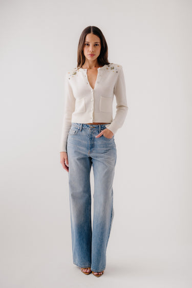 EMILIA SHOULDER PAD CASHMERE BEADED CARDIGAN | GARDENIA