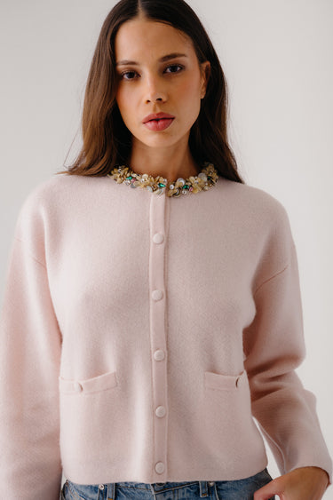 CHARLENE BEADED COLLAR  DOUBLE WELT POCKET CASHMERE JACKET | LUNAR