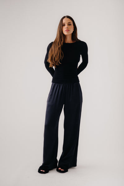 BRYNN HIGH RISE PULL ON WIDE LEG SILK PANT | BLACK – SABLYN