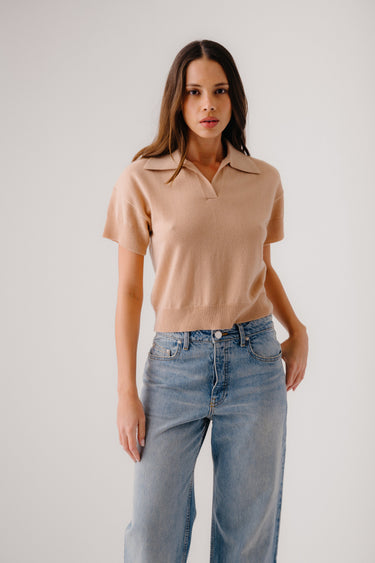 MIRABELLE RELAXED SHORT SLEEVE CASHMERE POLO | PINK SAND