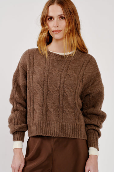 TRISTAN CABLE CREWNECK PULLOVER in swiss brown
