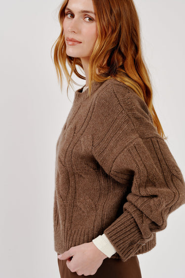 TRISTAN CABLE CREWNECK PULLOVER in swiss brown