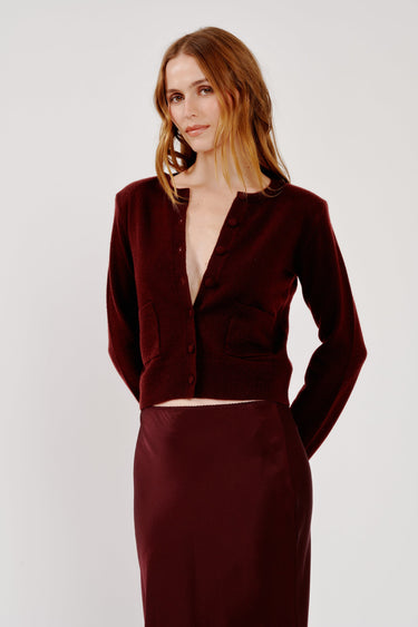 EMILIA SHOULDER PAD CARDIGAN in cabernet