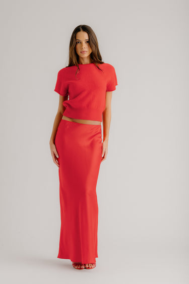 GRACE SCALLOP TRIM SILK MAXI SKIRT | SCARLET